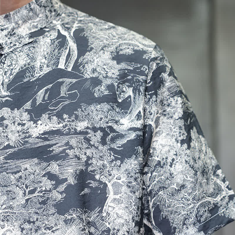 Nimara Ritual Summer Tang Style Frog Button Trees Abstract Pattern Men's Short Sleeve Shirts