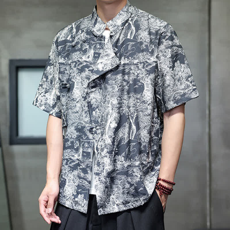 Nimara Ritual Summer Tang Style Frog Button Trees Abstract Pattern Men's Short Sleeve Shirts