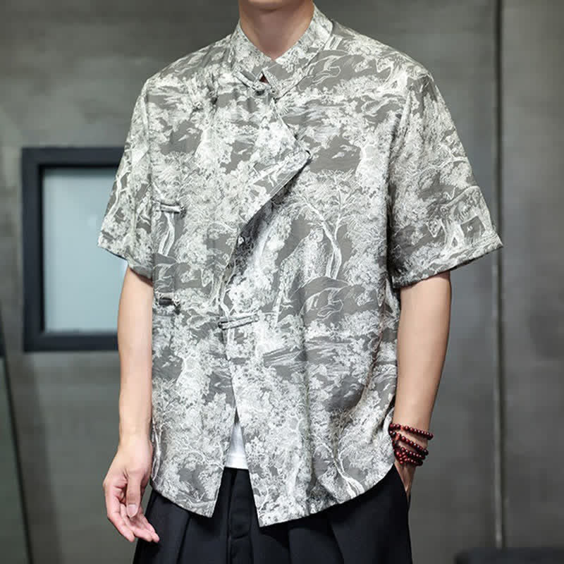 Nimara Ritual Summer Tang Style Frog Button Trees Abstract Pattern Men's Short Sleeve Shirts