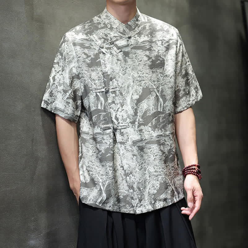 Nimara Ritual Summer Tang Style Frog Button Trees Abstract Pattern Men's Short Sleeve Shirts