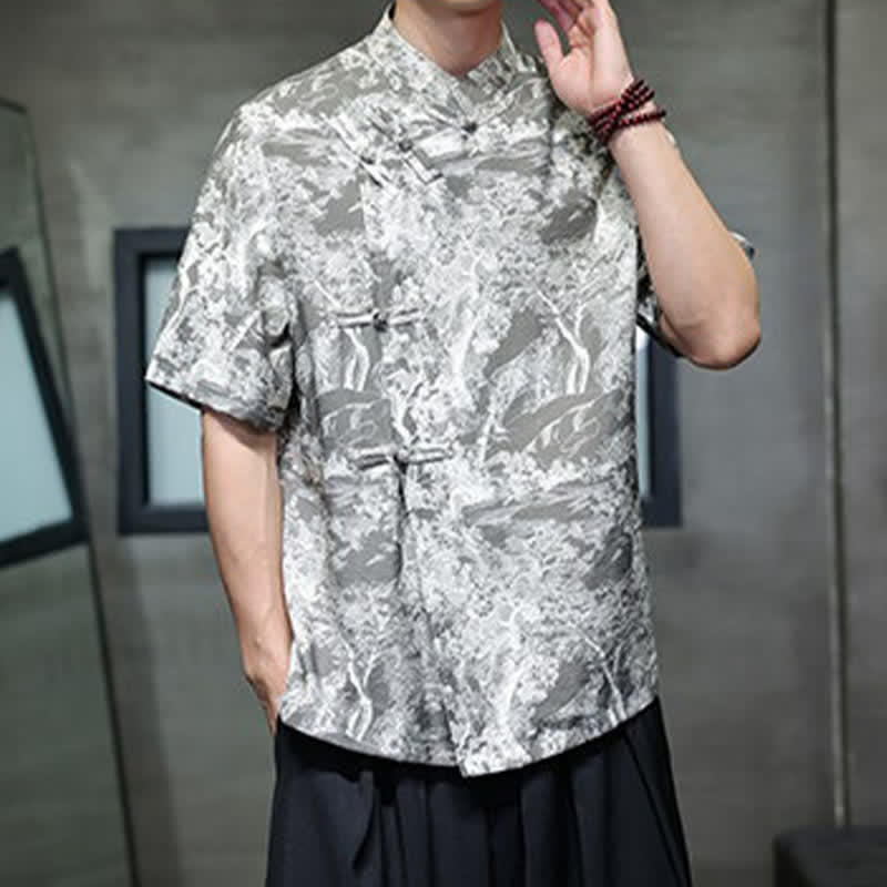 Nimara Ritual Summer Tang Style Frog Button Trees Abstract Pattern Men's Short Sleeve Shirts