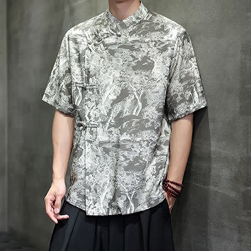 Nimara Ritual Summer Tang Style Frog Button Trees Abstract Pattern Men's Short Sleeve Shirts
