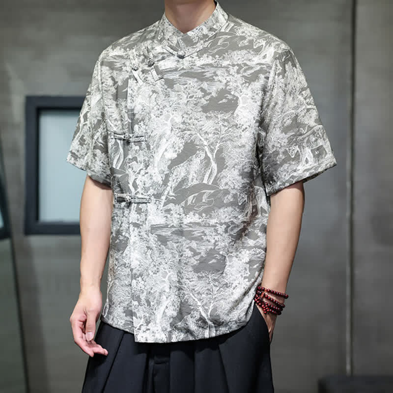 Nimara Ritual Summer Tang Style Frog Button Trees Abstract Pattern Men's Short Sleeve Shirts