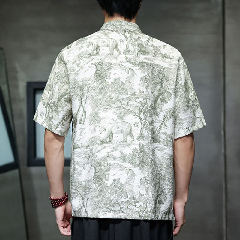 Nimara Ritual Summer Tang Style Frog Button Trees Abstract Pattern Men's Short Sleeve Shirts