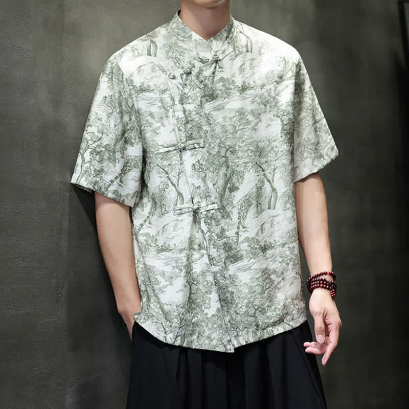 Nimara Ritual Summer Tang Style Frog Button Trees Abstract Pattern Men's Short Sleeve Shirts