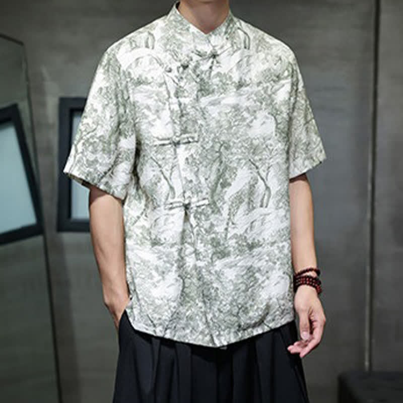 Nimara Ritual Summer Tang Style Frog Button Trees Abstract Pattern Men's Short Sleeve Shirts