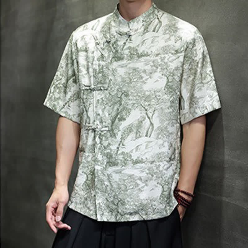 Nimara Ritual Summer Tang Style Frog Button Trees Abstract Pattern Men's Short Sleeve Shirts