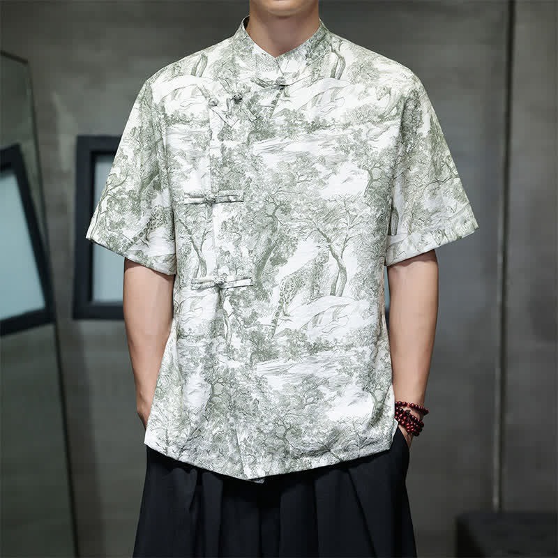 Nimara Ritual Summer Tang Style Frog Button Trees Abstract Pattern Men's Short Sleeve Shirts