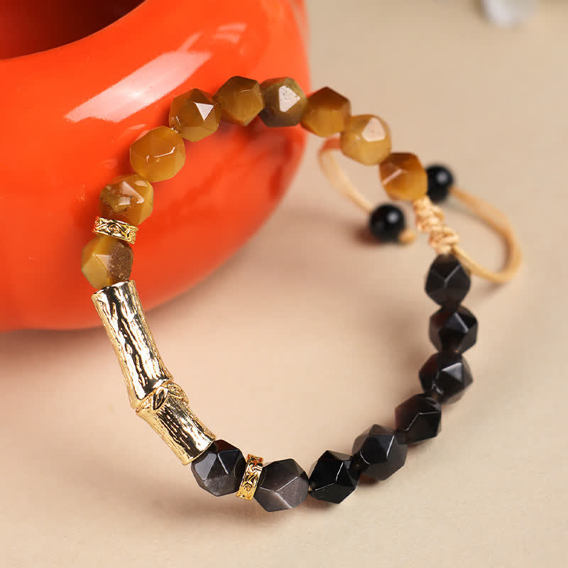 Nimara Ritual Tiger Eye Silver Sheen Obsidian Bamboo Growth Faceted Bracelet