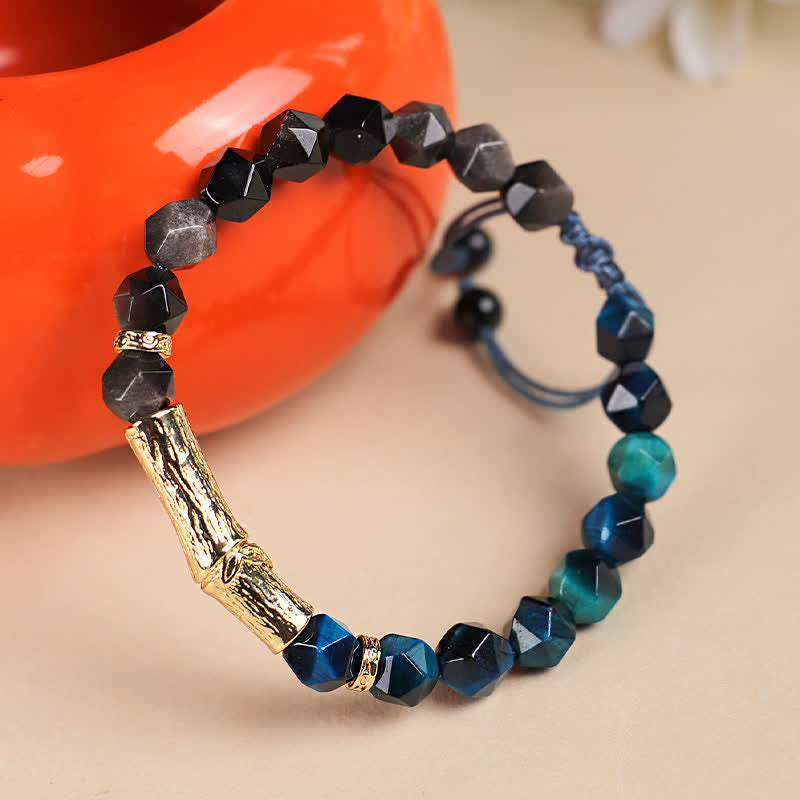 Nimara Ritual Tiger Eye Silver Sheen Obsidian Bamboo Growth Faceted Bracelet