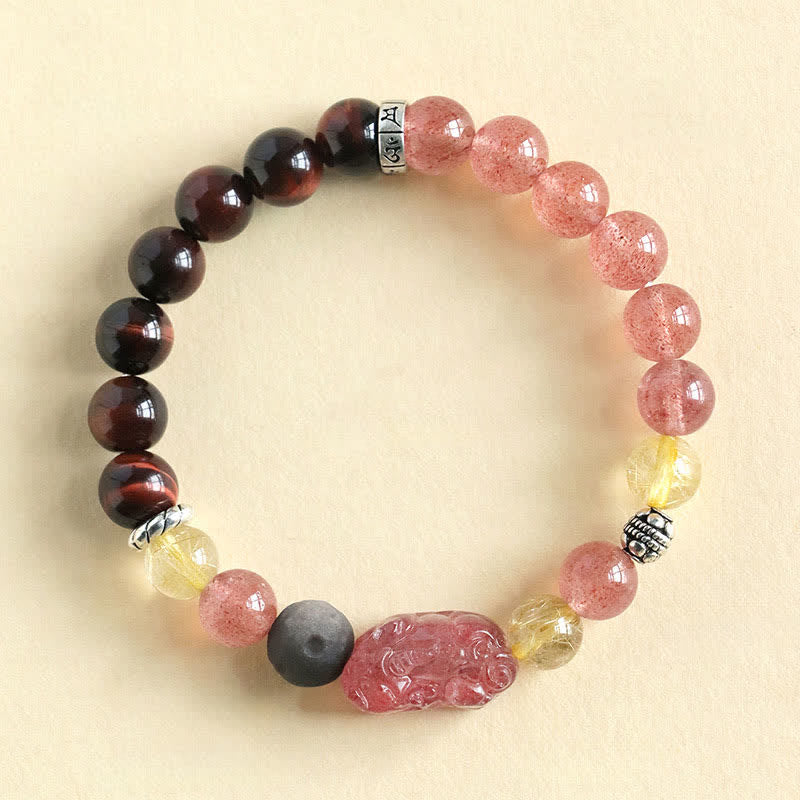 Nimara Ritual Strawberry Quartz And Silver Sheen Obsidian Pixiu Love Hand Carved Couples Bracelet