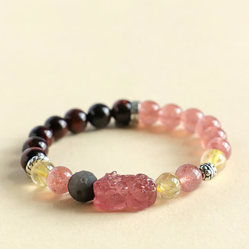 Nimara Ritual Strawberry Quartz And Silver Sheen Obsidian Pixiu Love Hand Carved Couples Bracelet