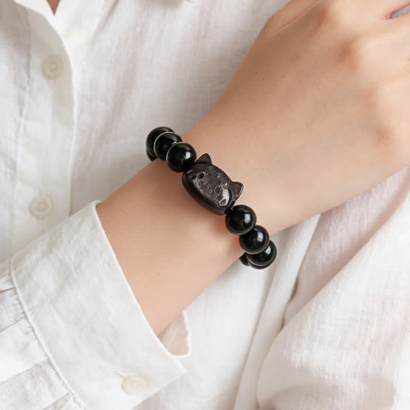Nimara Ritual Silver Sheen Obsidian Hand Carved Cat Pendant Calmness Handmade Bracelet