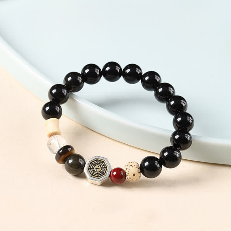 Nimara Ritual Black Obsidian Bagua Protection Tibetan Round Bead Bracelet