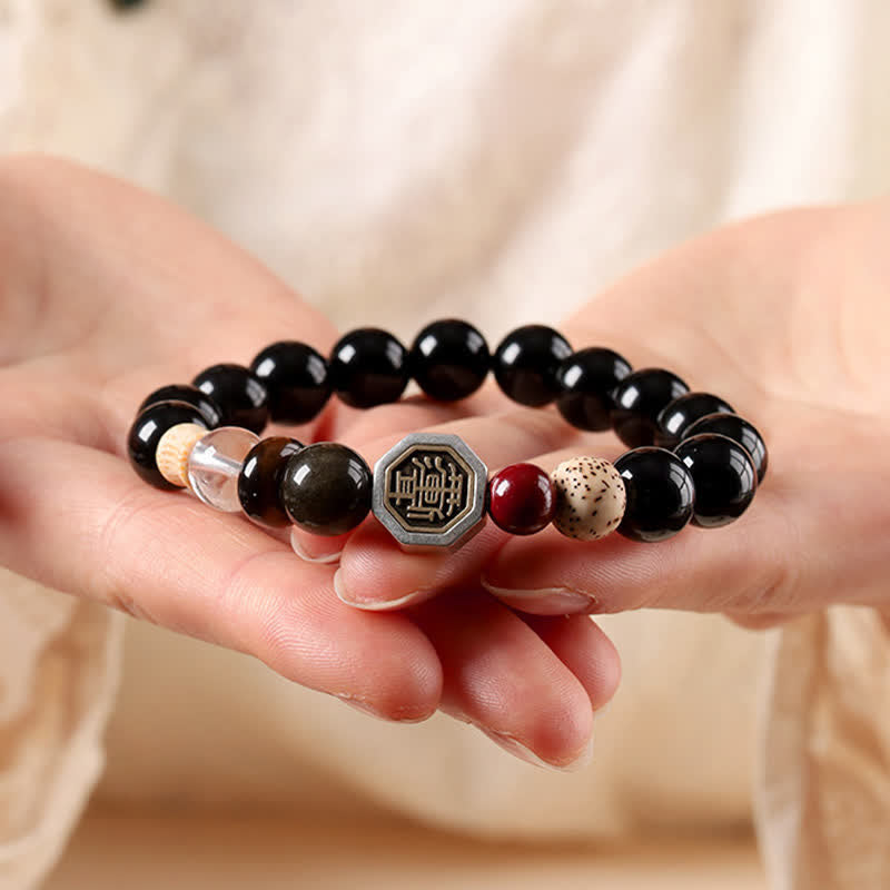 Nimara Ritual Black Obsidian Bagua Protection Tibetan Round Bead Bracelet