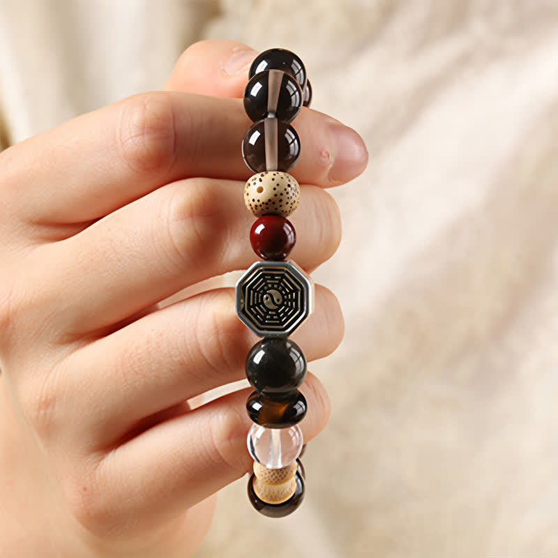 Nimara Ritual Black Obsidian Bagua Protection Tibetan Round Bead Bracelet