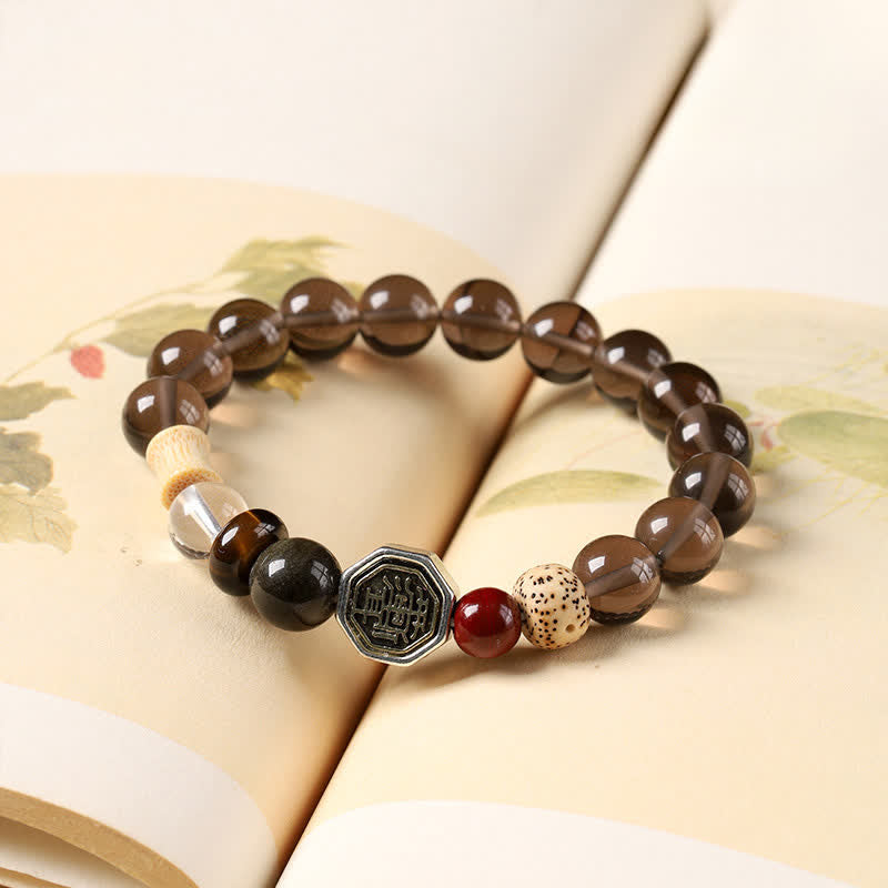 Nimara Ritual Black Obsidian Bagua Protection Tibetan Round Bead Bracelet