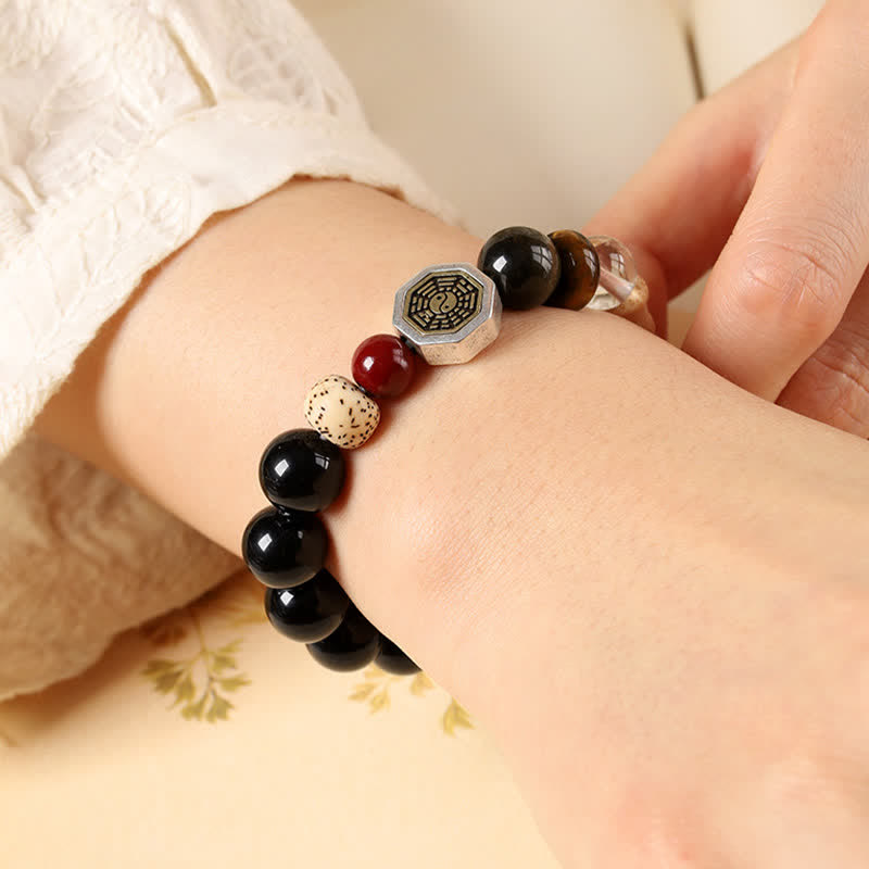 Nimara Ritual Black Obsidian Bagua Protection Tibetan Round Bead Bracelet