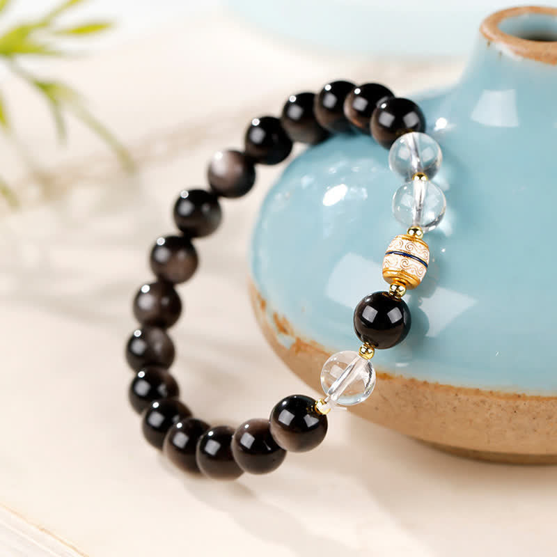 Nimara Ritual Silver Sheen Obsidian Dzi Bead Protection Round Bracelet