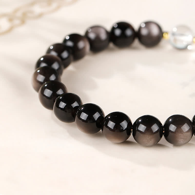 Nimara Ritual Silver Sheen Obsidian Dzi Bead Protection Round Bracelet