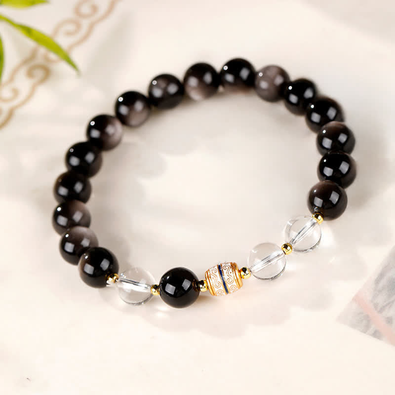 Nimara Ritual Silver Sheen Obsidian Dzi Bead Protection Round Bracelet