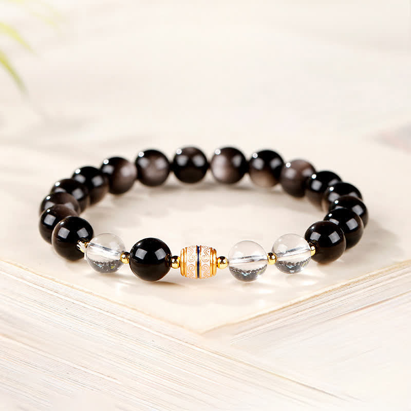 Nimara Ritual Silver Sheen Obsidian Dzi Bead Protection Round Bracelet