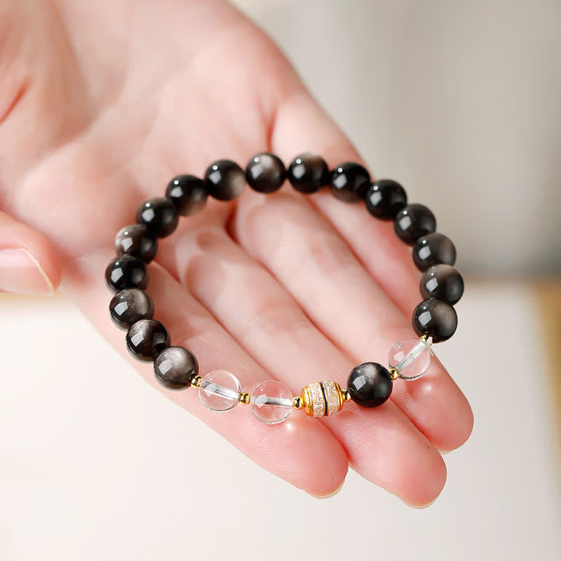 Nimara Ritual Silver Sheen Obsidian Dzi Bead Protection Round Bracelet