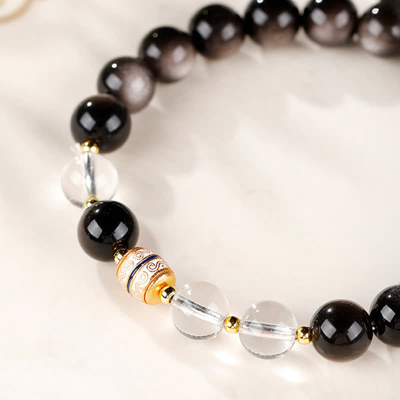 Nimara Ritual Silver Sheen Obsidian Dzi Bead Protection Round Bracelet