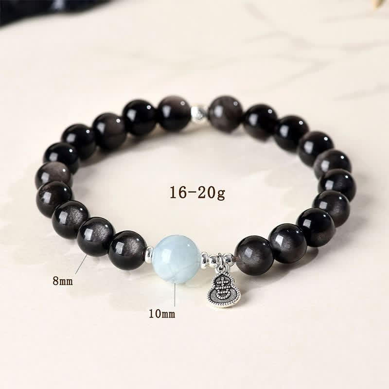 Nimara Ritual Silver Sheen Obsidian Aquamarine Grounding Lucky Gourd Round Bracelet