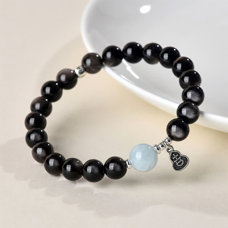 Nimara Ritual Silver Sheen Obsidian Aquamarine Grounding Lucky Gourd Round Bracelet