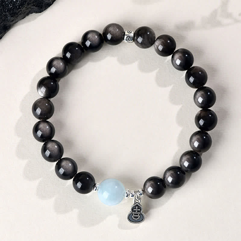 Nimara Ritual Silver Sheen Obsidian Aquamarine Grounding Lucky Gourd Round Bracelet