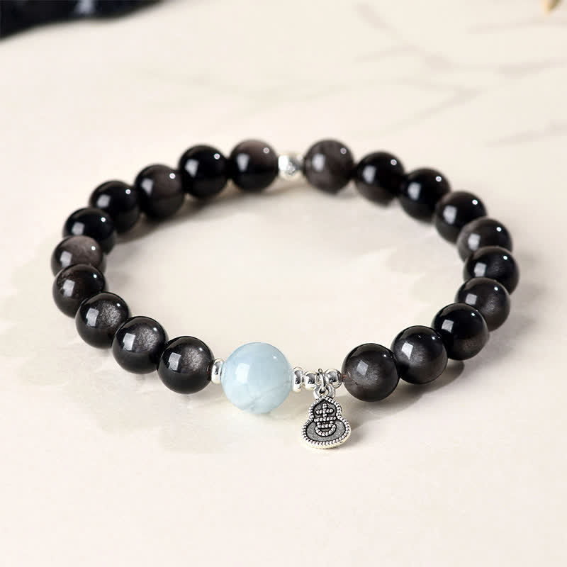 Nimara Ritual Silver Sheen Obsidian Aquamarine Grounding Lucky Gourd Round Bracelet