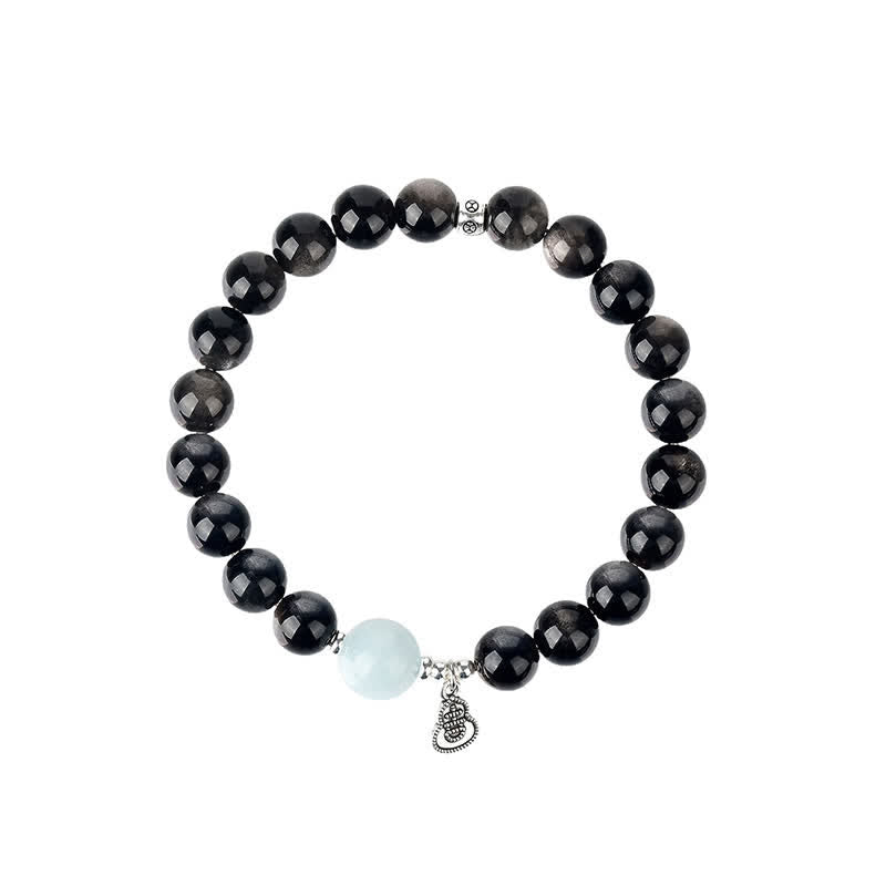 Nimara Ritual Silver Sheen Obsidian Aquamarine Grounding Lucky Gourd Round Bracelet