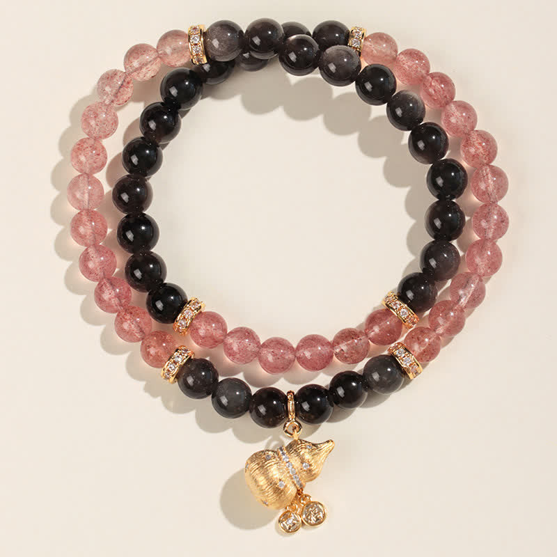 Nimara Ritual Strawberry Quartz Gold-Wire Gourd Love Blessing Wrap Bracelet