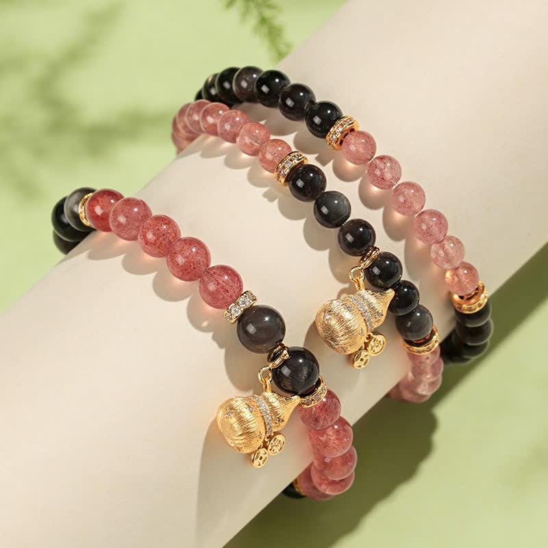 Nimara Ritual Strawberry Quartz Gold-Wire Gourd Love Blessing Wrap Bracelet