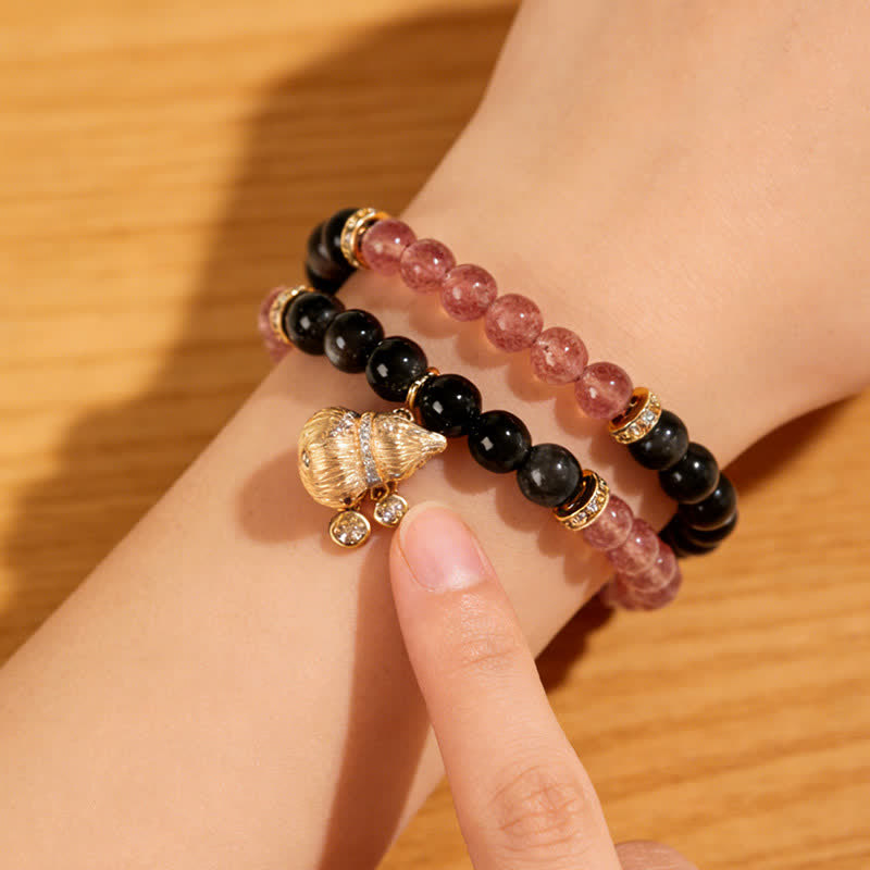 Nimara Ritual Strawberry Quartz Gold-Wire Gourd Love Blessing Wrap Bracelet