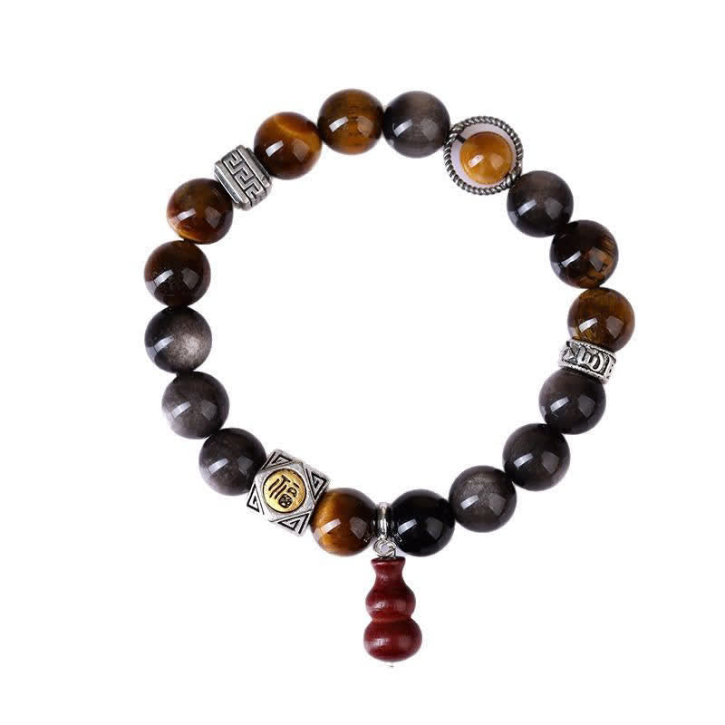 Nimara Ritual Silver Sheen Obsidian Grounding Fu Character Gourd Bracelet