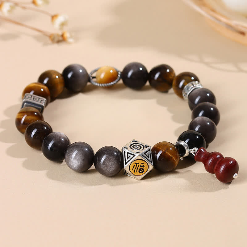 Nimara Ritual Silver Sheen Obsidian Grounding Fu Character Gourd Bracelet