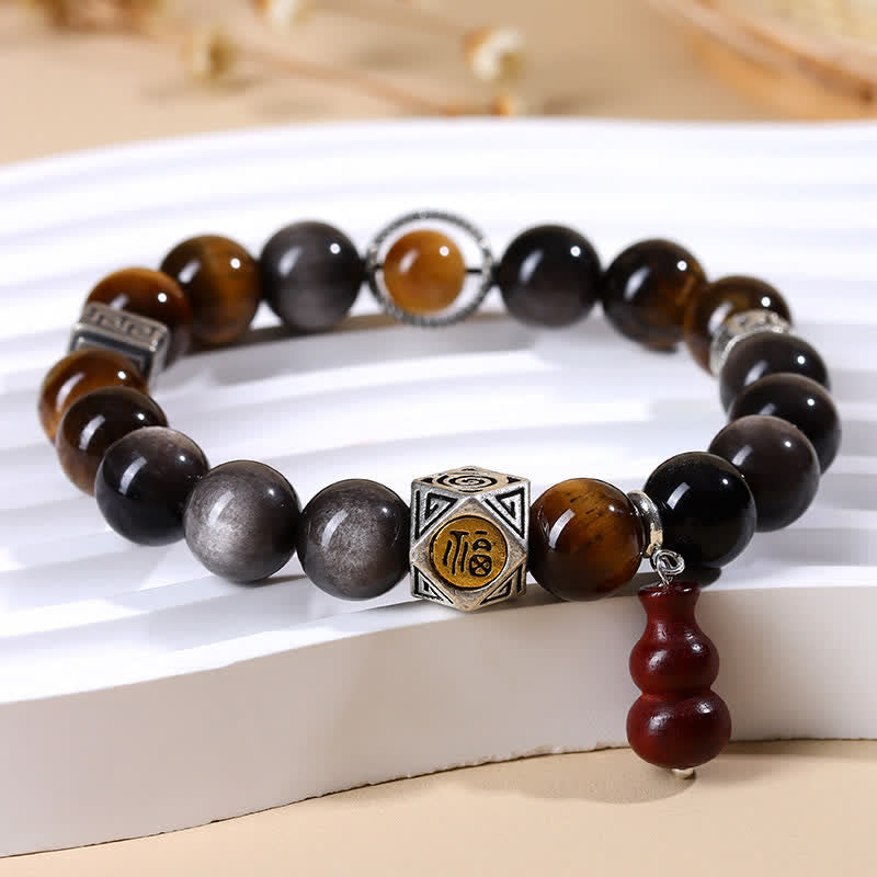 Nimara Ritual Silver Sheen Obsidian Grounding Fu Character Gourd Bracelet