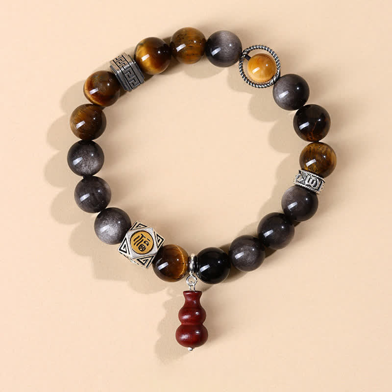 Nimara Ritual Silver Sheen Obsidian Grounding Fu Character Gourd Bracelet