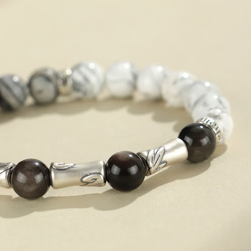 Nimara Ritual 999 Sterling Silver White Turquoise And Silver Sheen Obsidian Bamboo Grounding Round Bracelet
