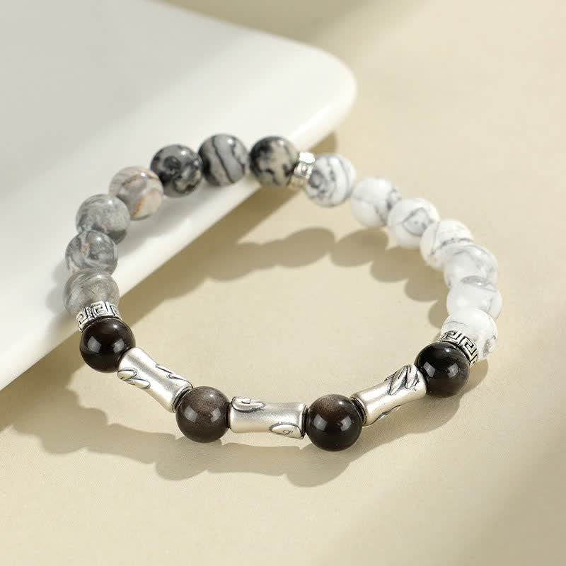 Nimara Ritual 999 Sterling Silver White Turquoise And Silver Sheen Obsidian Bamboo Grounding Round Bracelet
