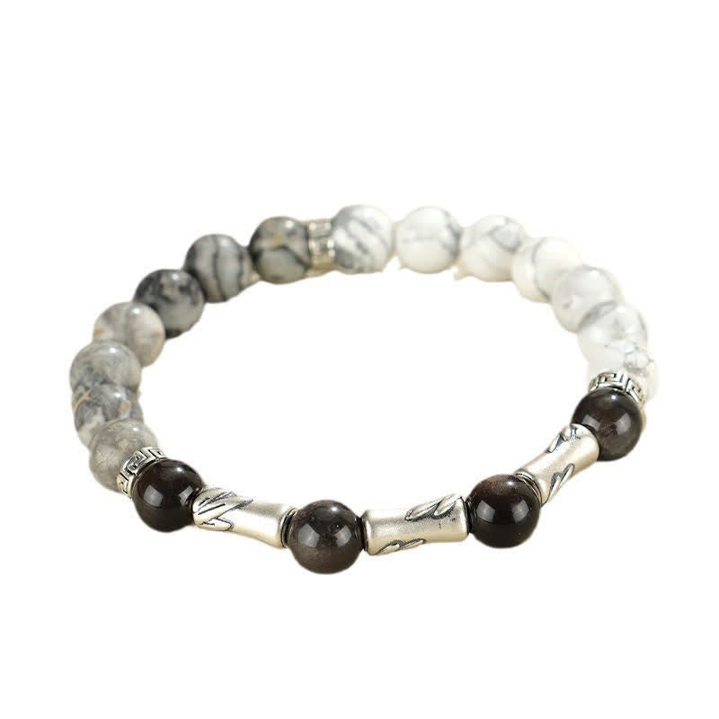Nimara Ritual 999 Sterling Silver White Turquoise And Silver Sheen Obsidian Bamboo Grounding Round Bracelet