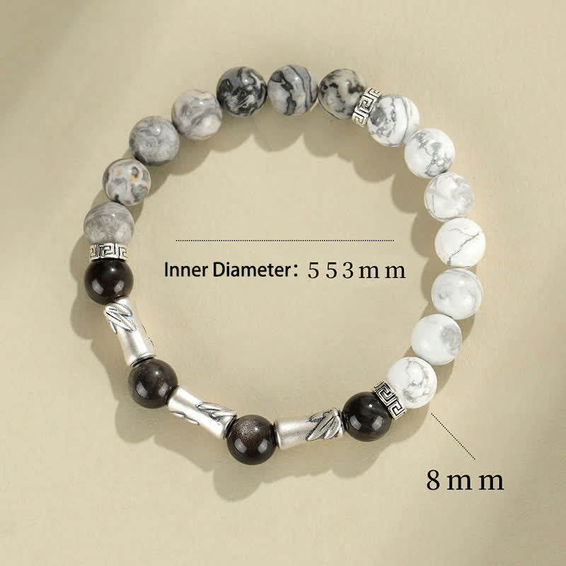 Nimara Ritual 999 Sterling Silver White Turquoise And Silver Sheen Obsidian Bamboo Grounding Round Bracelet