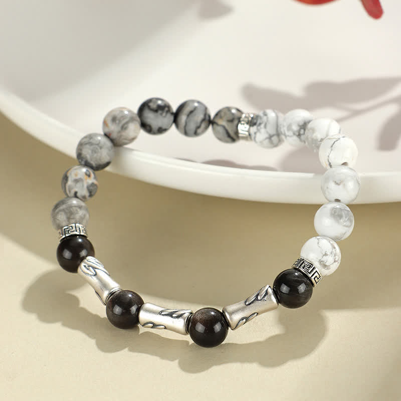 Nimara Ritual 999 Sterling Silver White Turquoise And Silver Sheen Obsidian Bamboo Grounding Round Bracelet