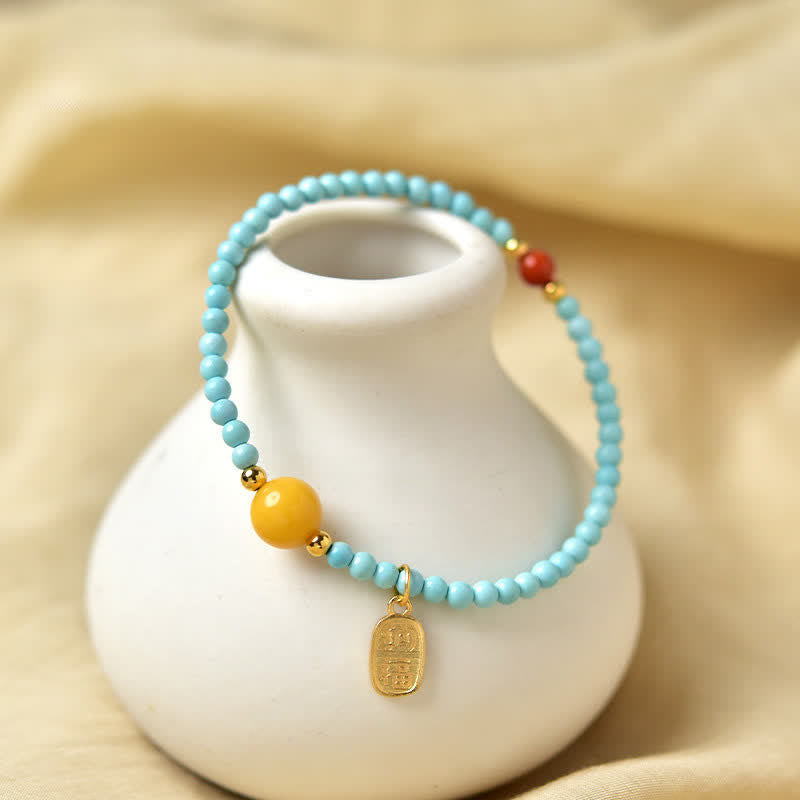 Luck and Serenity Turquoise Fu Character Handcrafted Beaded Bracelet