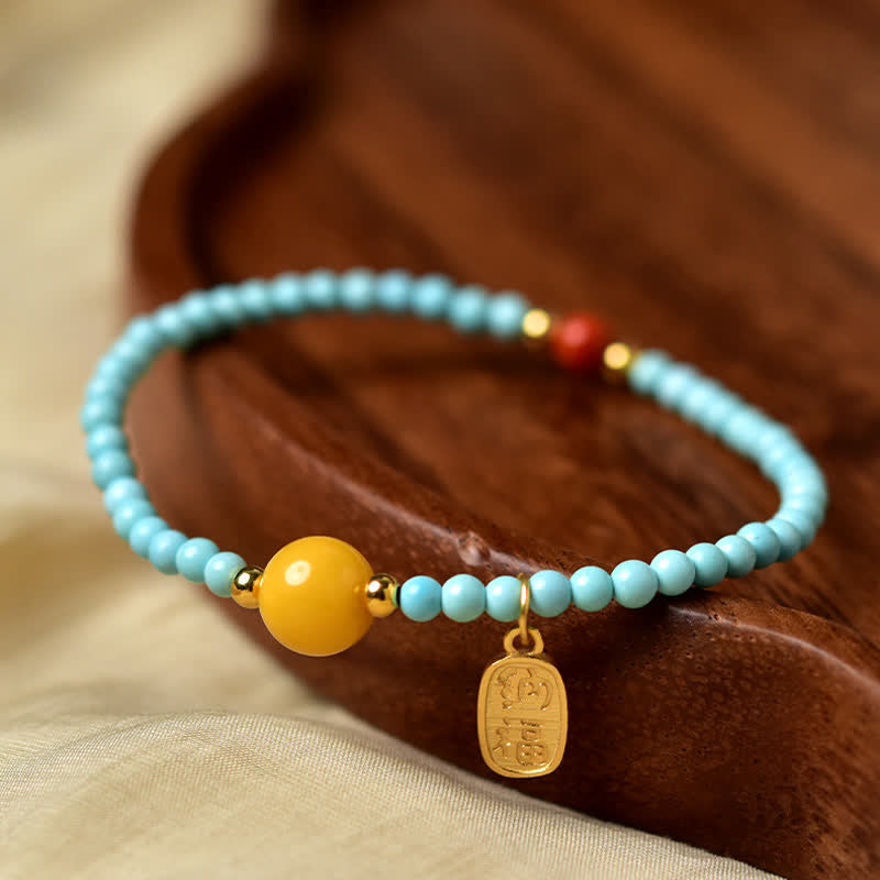 Nimara Ritual Turquoise Fu Character Luck Handcrafted Beaded Bracelet