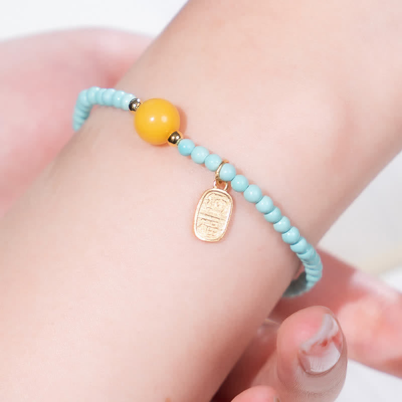 Luck and Serenity Turquoise Fu Character Handcrafted Beaded Bracelet