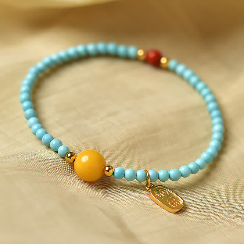 Nimara Ritual Turquoise Fu Character Luck Handcrafted Beaded Bracelet