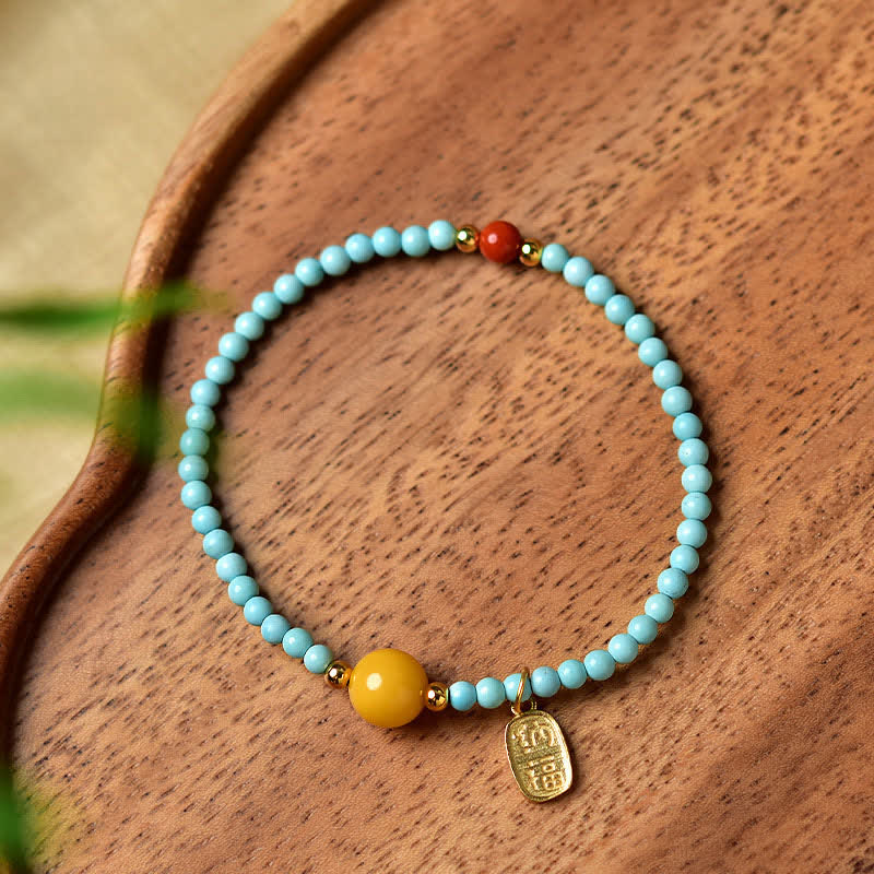 Nimara Ritual Turquoise Fu Character Luck Handcrafted Beaded Bracelet